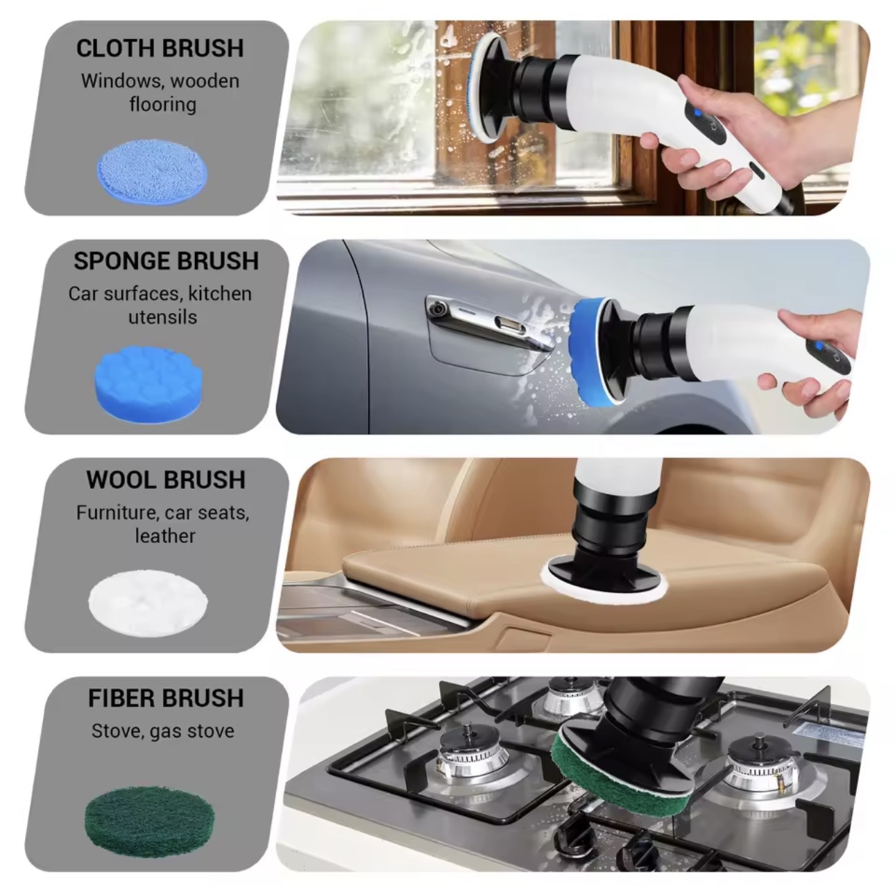 Cordless electric spin scrubber with interchangeable brush heads